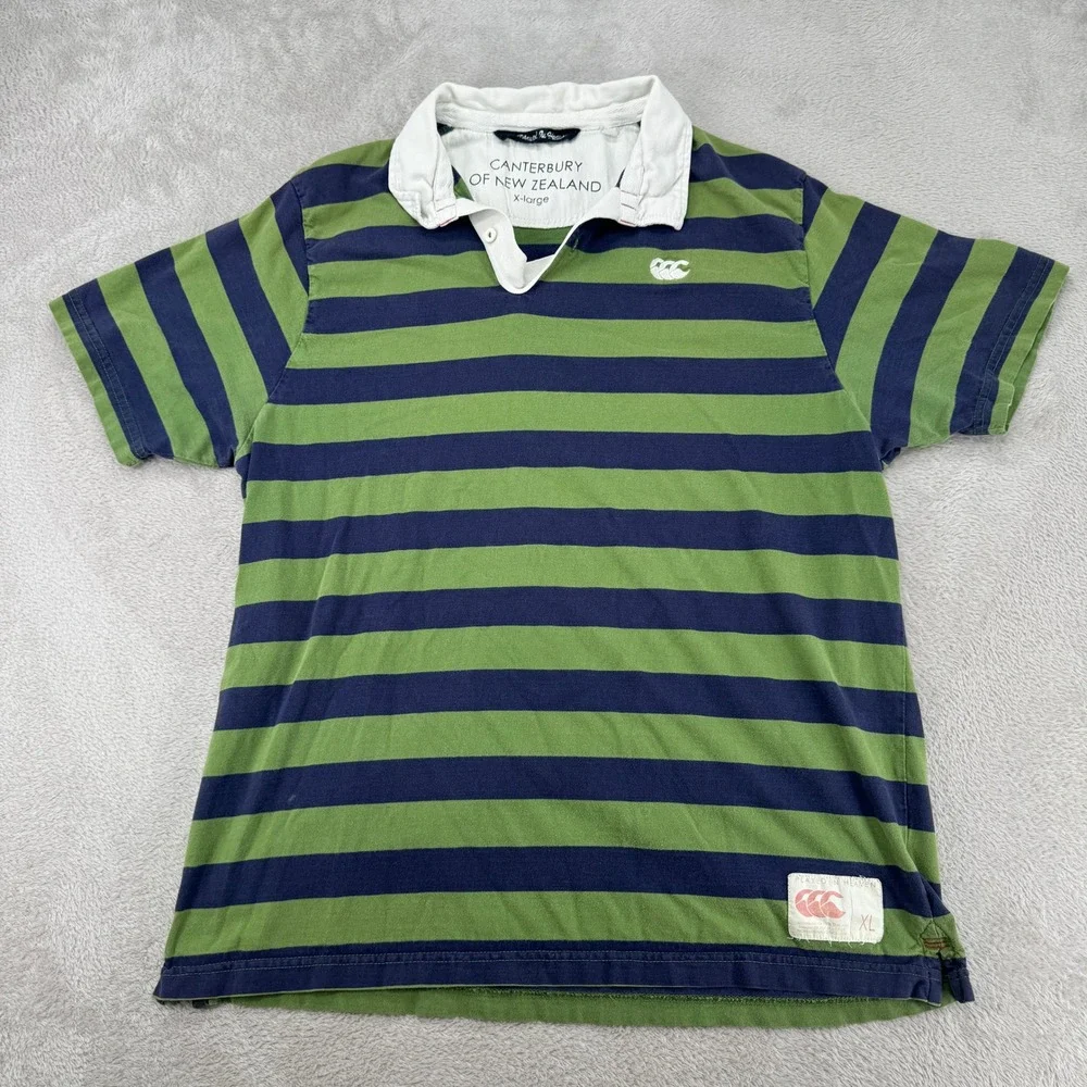 Canterbury of New Zealand Mens XL Green Blue Striped Rugby Shirt Preowned